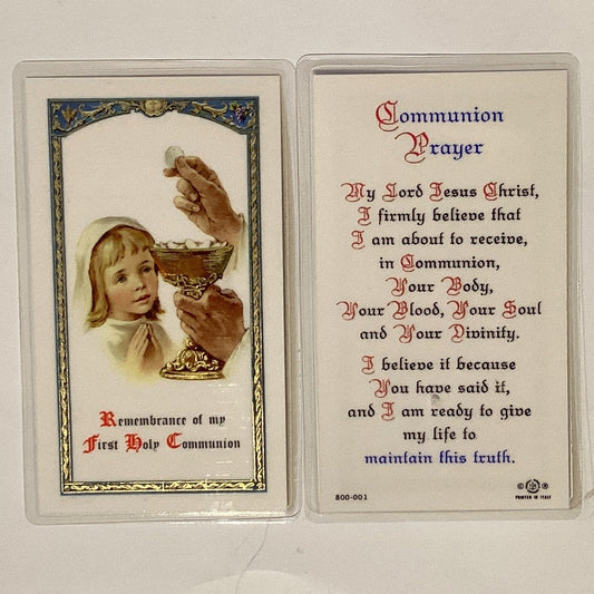 Laminated "Remember My First Communion" prayer card with religious message and a decorative design, suitable for First Communion celebration.
