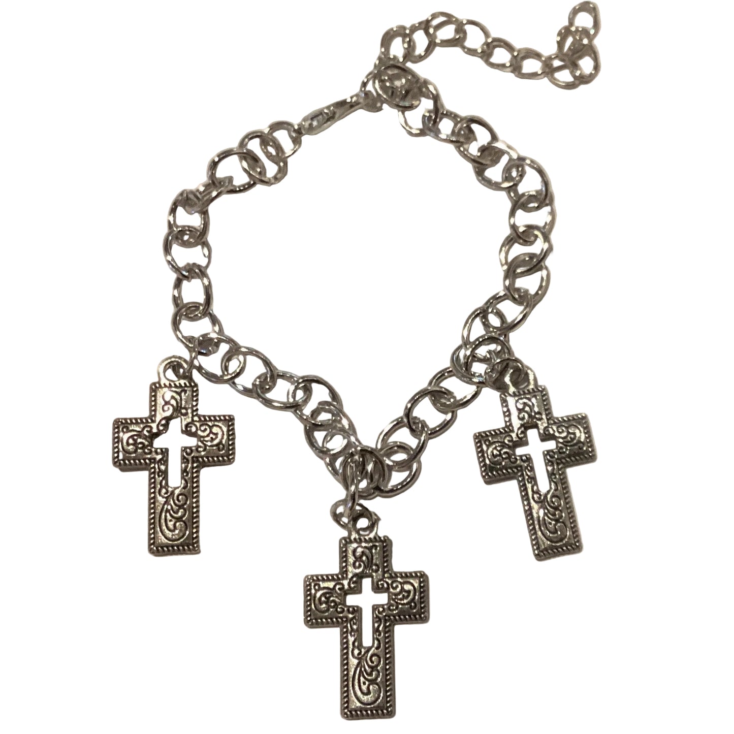 Silver adjustable nylon cross charm bracelet with Catholic Christian symbols, featuring a sleek design and religious jewelry details.