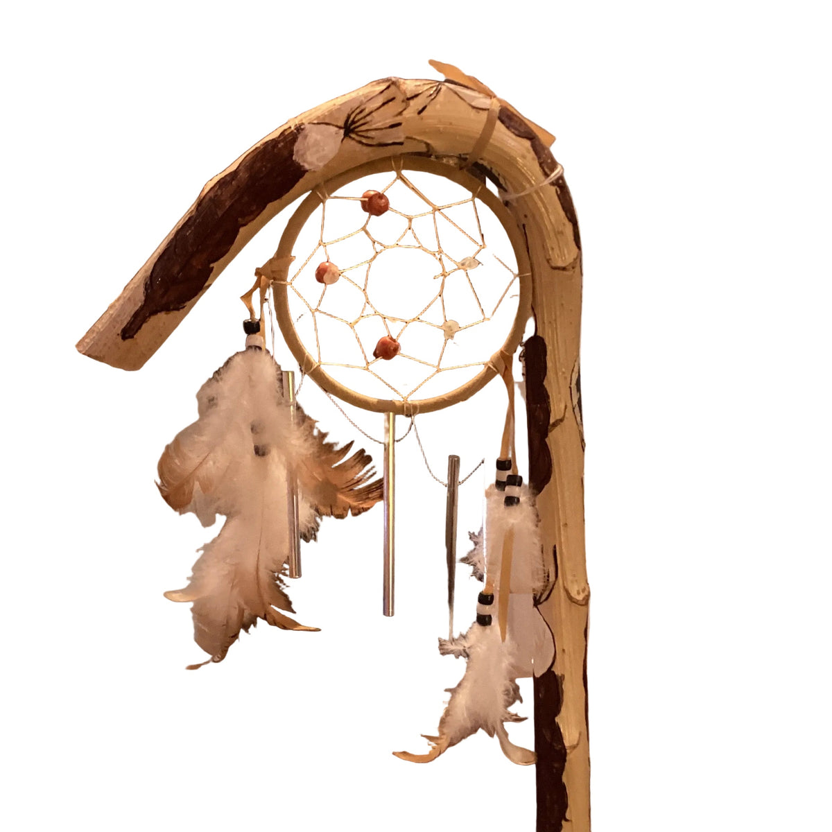 Hand-painted Willow Spirit Dreamcatcher walking stick, 4.5 ft, from Ysleta Mission Gift Shop, featuring intricate Native-inspired designs.