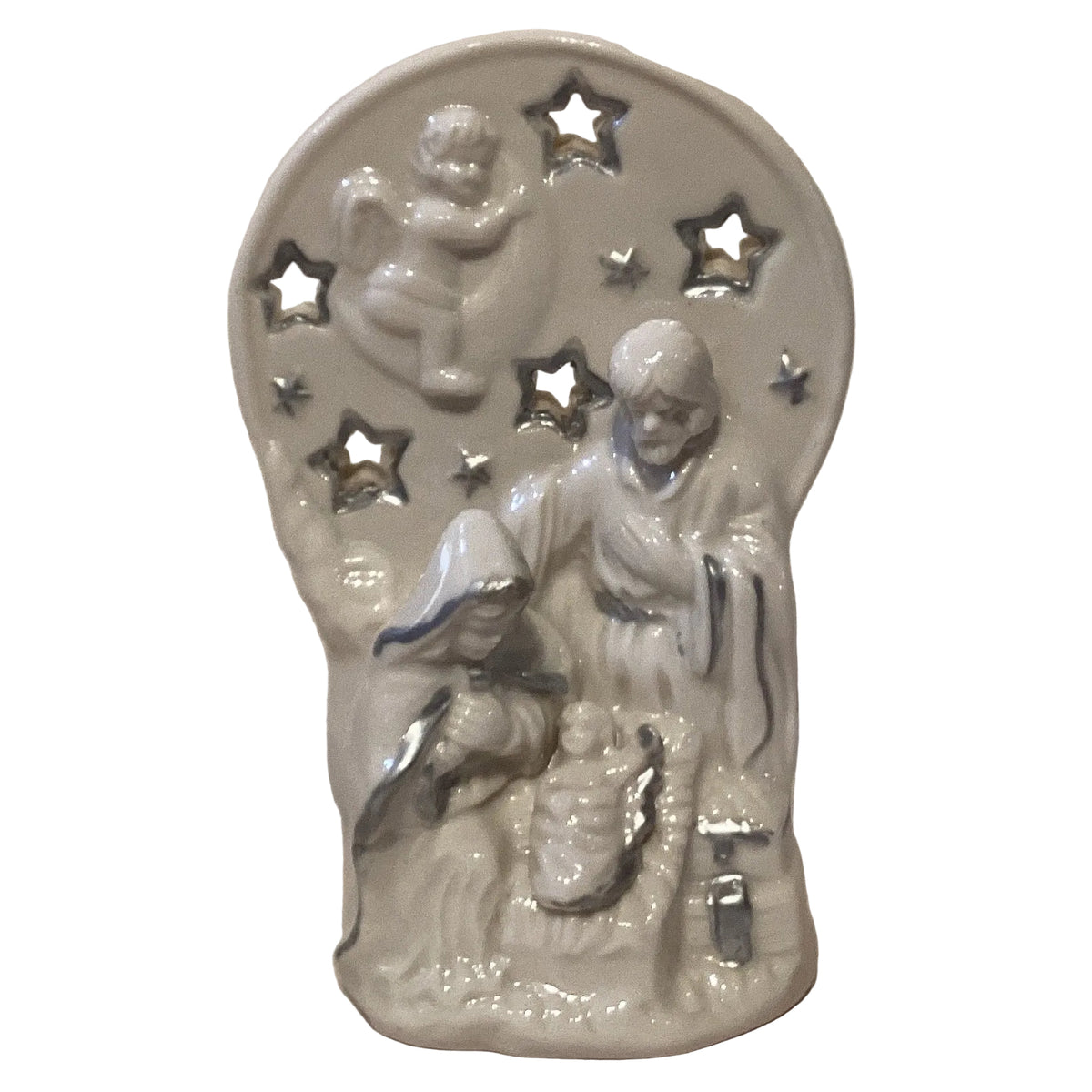 Nativity scene tea-light candle holder, 6 inches tall, featuring Christian religious figures and detailed craftsmanship.