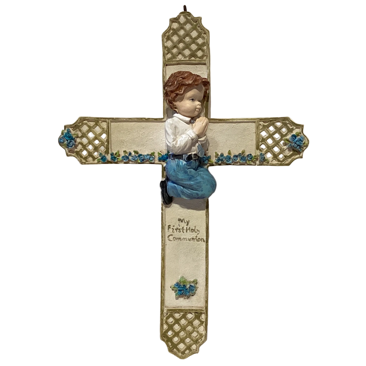 First Holy Communion boy cross keepsake, 9-inch Catholic crucifix with Christian design, from Ysleta Mission Gift Shop.
