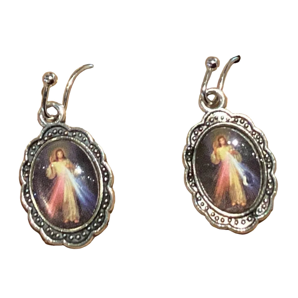 Silver religious dangle earrings with faith-inspired Christian symbols, showcasing elegant Catholic jewelry design.