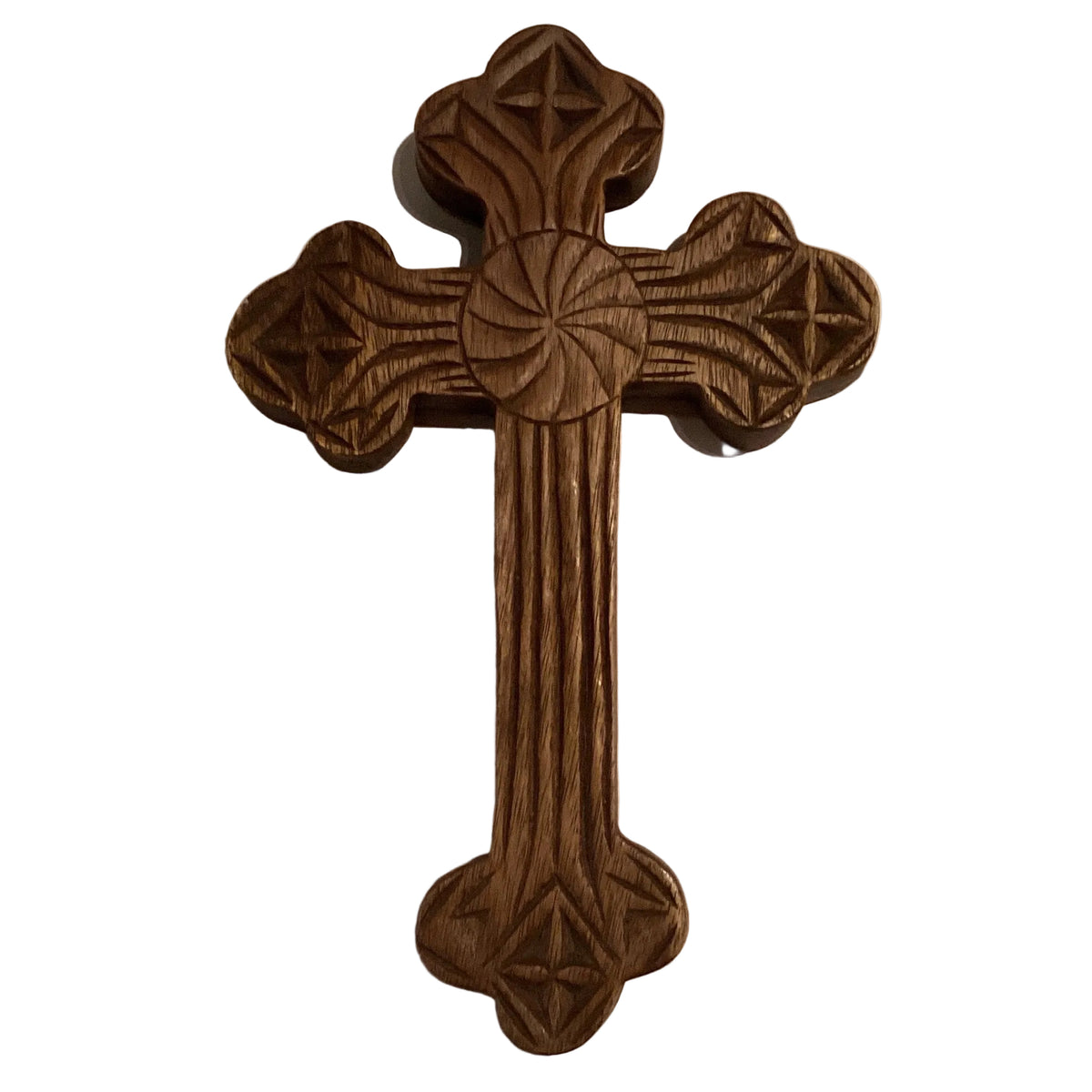 Wood-carved 1ft cross wall decor from Ysleta Mission Gift Shop, featuring detailed craftsmanship and rustic wooden design.