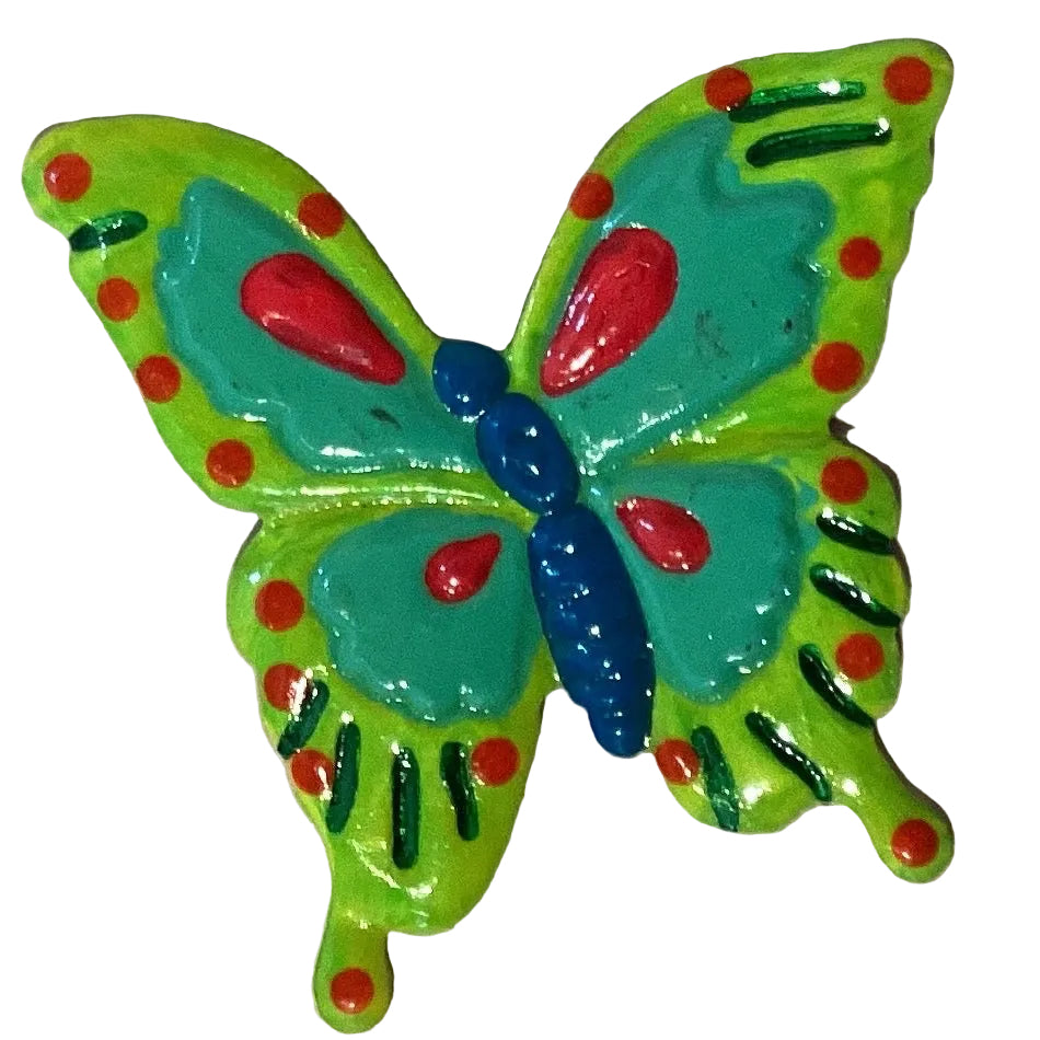 Colorful butterfly 3-inch tin magnet from Ysleta Mission Gift Shop, perfect for refrigerator decor and home accents.