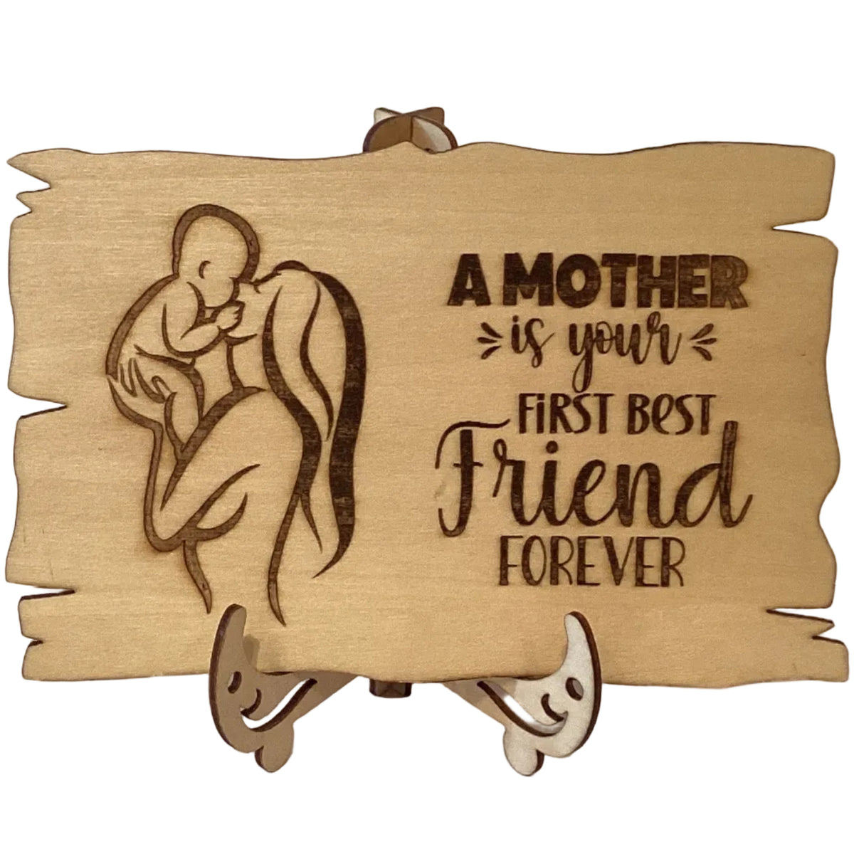 Wood burned mother appreciation plaque with easel, 4-inch size, featuring handcrafted design from Ysleta Mission Gift Shop.