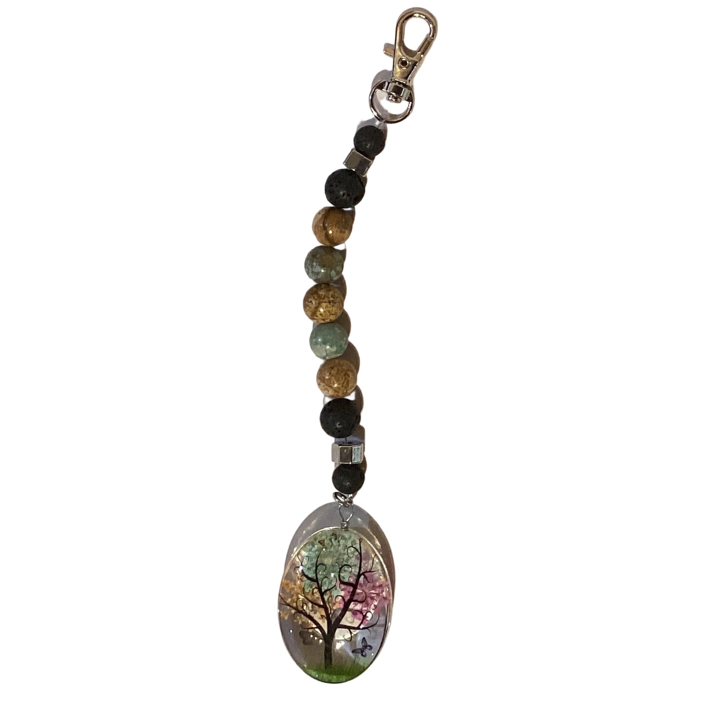Handmade beaded keychain with glass gemstones and lava rock beads, 6 inches long from Ysleta Mission Gift Shop.