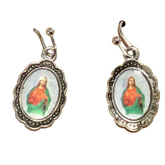 Silver religious dangle earrings featuring faith-inspired design, Catholic and Christian jewelry with spiritual symbols.