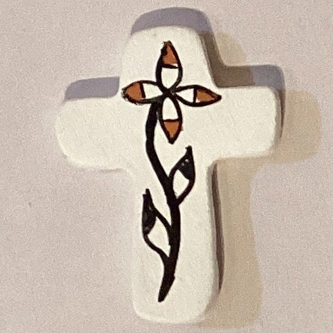 Handmade white ceramic mini cross with hand-painted orange and black floral design, 1 inch Catholic Christian gift.