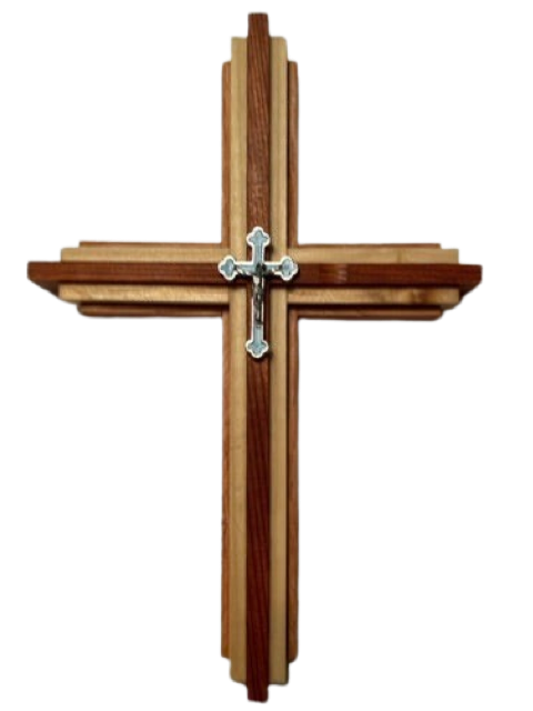 Cross Redwood Cedar Oak With Silver An Blue Crucifix 9.25x6.5