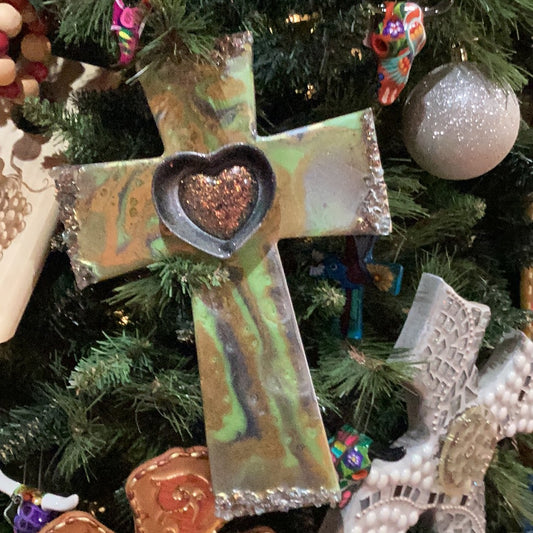 Cross Mosaic Wood Resin Cross In Greys/Greens Inlaid Glass With Large Resin Heart In Middle 12”X8”
