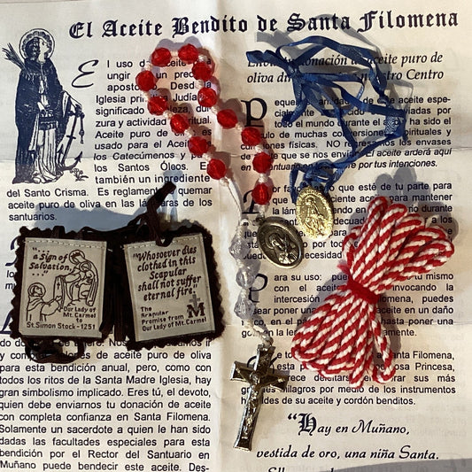 Catholic devotional prayer kit featuring Saint Philomena rosary, scapular medal, and prayer cards, ideal for Christian devotion and gifts.