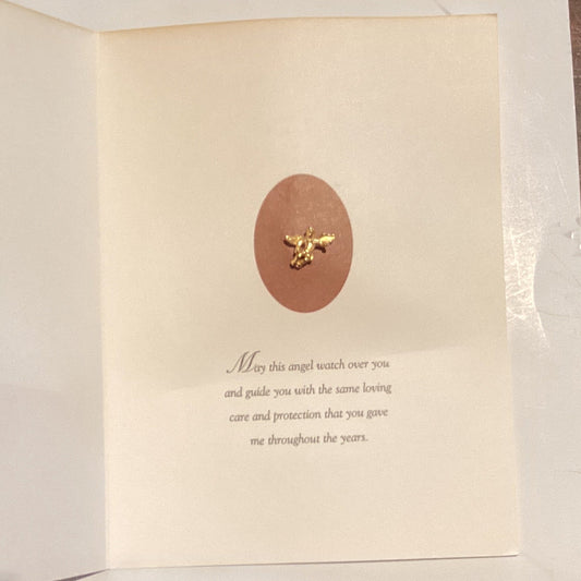 Catholic religious greeting card featuring an angel keepsake pin, symbolizing faith and protection, from Ysleta Mission Gift Shop.