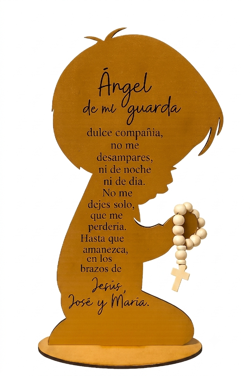 Handcrafted wooden angel of God art depicting a praying child, 6x10 inches, Catholic Christian spiritual display by Norma Cordova De Schaefer