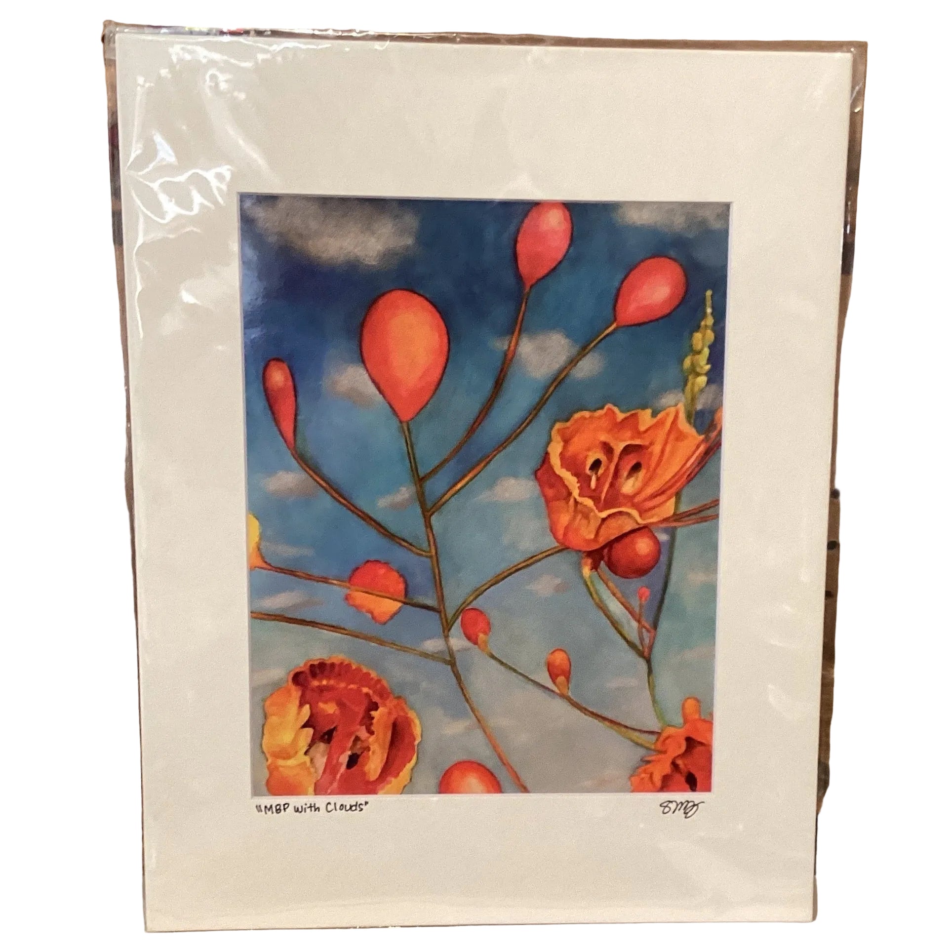Matted Mexican Bird of Paradise watercolor print by Susan W Perez, 8x10 inches, featuring vibrant bird of paradise flowers.
