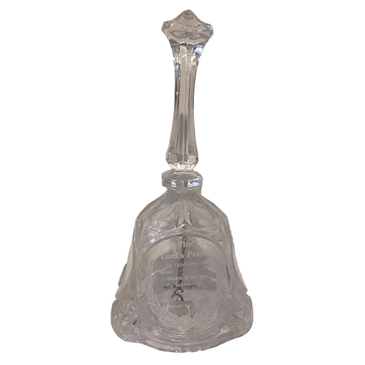 8-inch crystal bell with The Lord's Prayer engraved, featuring Catholic Christian Saint statues, from Ysleta Mission Gift Shop.