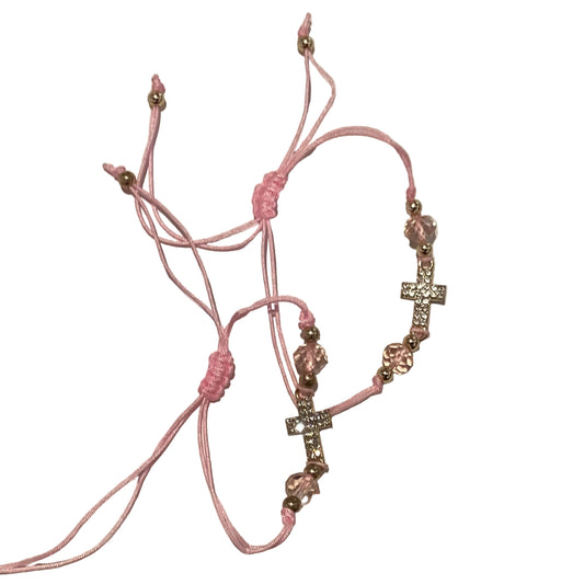 Pink large goldtone cross bracelet with Catholic Christian jewelry design featuring a prominent cross pendant and adjustable chain.