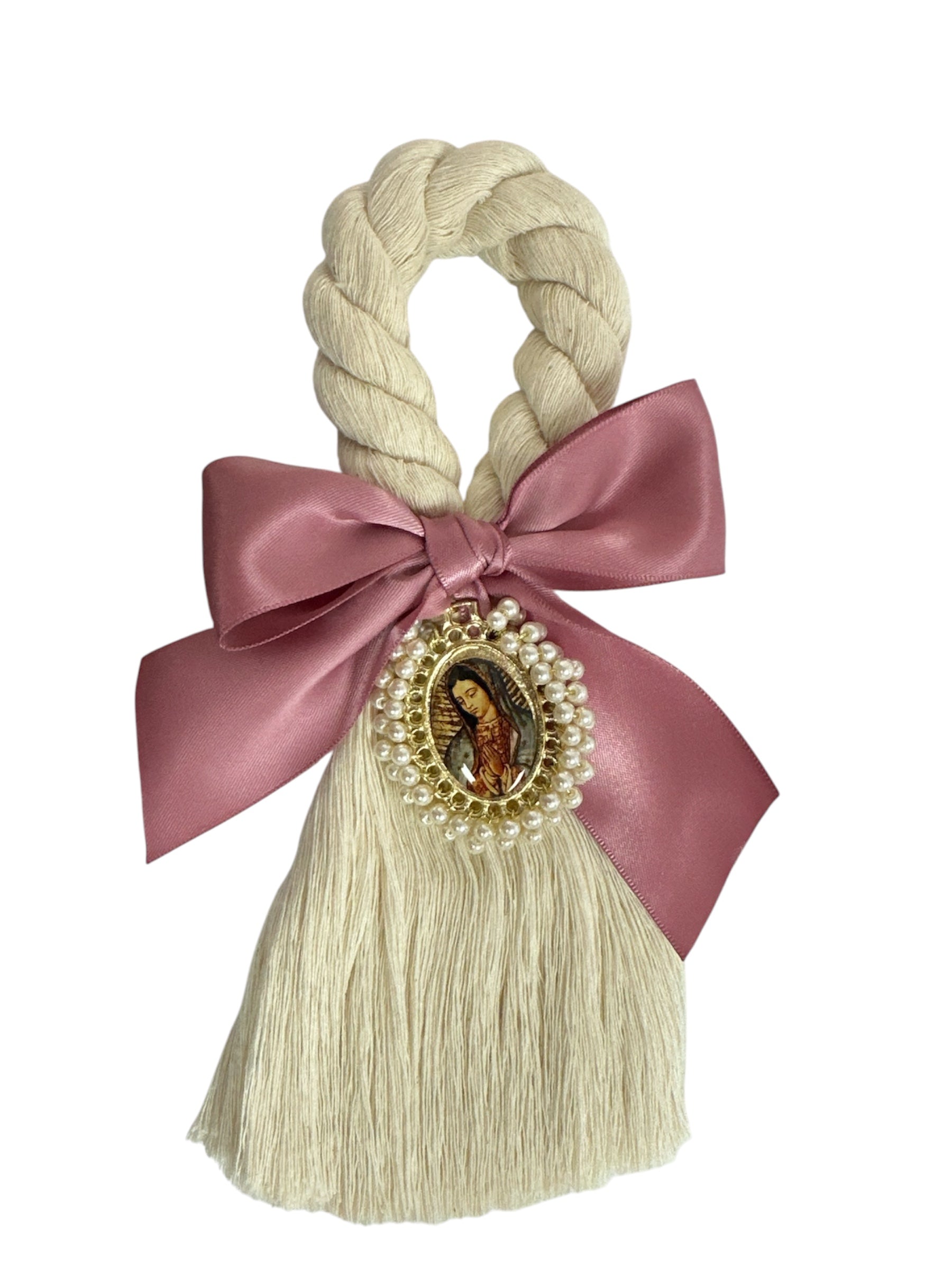 Pink satin bow wall hanging featuring Our Lady of Guadalupe for Catholic devotion, 8.5 inches, by Jose Alberto Chavez.