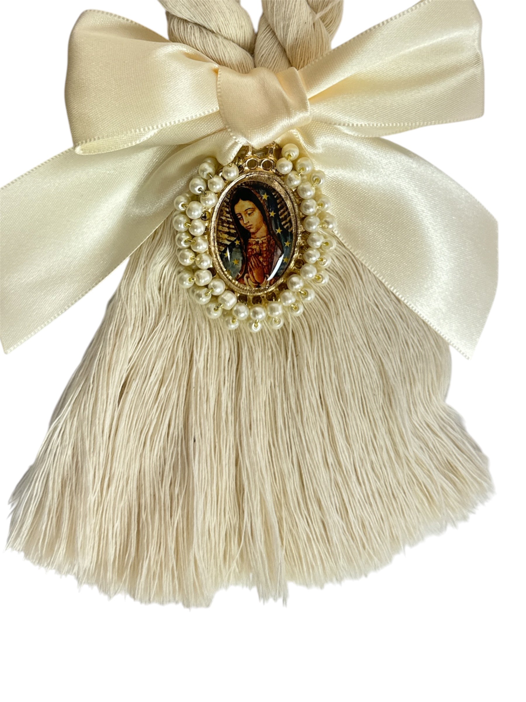 Cream satin bow featuring Our Lady of Guadalupe image, a Catholic devotional ornament by Jose Alberto Chavez, 8.5 inches tall.