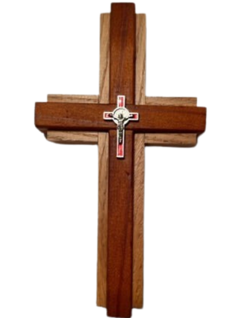 Cross Redwood Oak With Red An Silver Crucifix 7.25x4.5