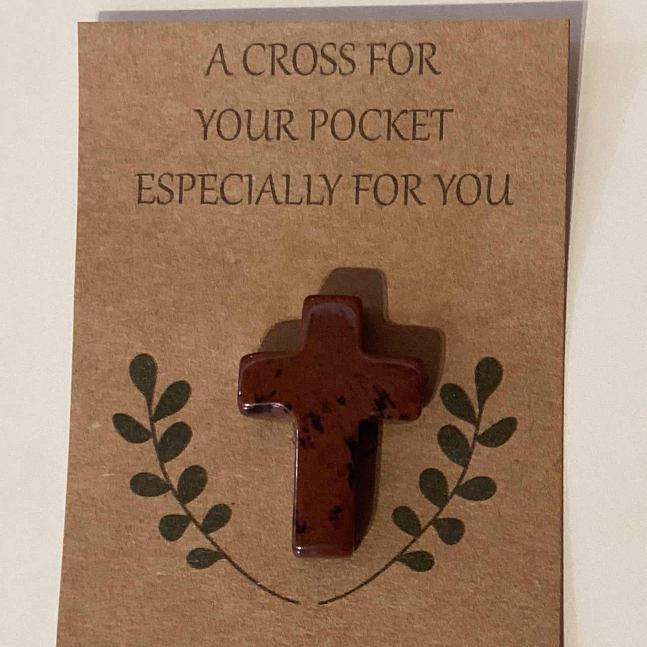 Small 1-inch semi-precious stone cross in pocket-sized Catholic Christian gift, featuring a colorful stone cross design.