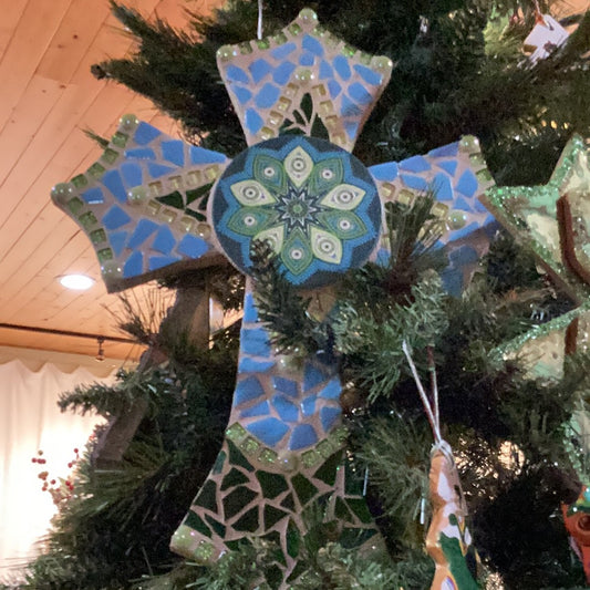 Cross Mosaic 16”X12” Wood Inlaid Glass Cross In Blues & Greens 16”X12”