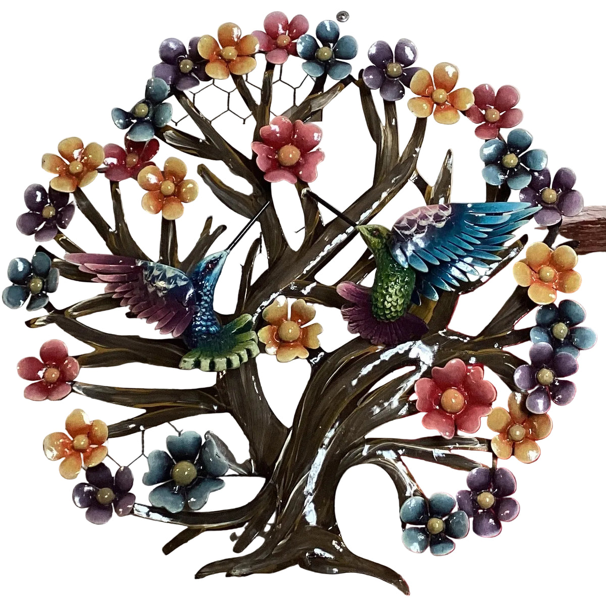 Metal wall art featuring a circle tree of life with two hummingbirds, 19x18 inches, decorative garden and home wall decor.