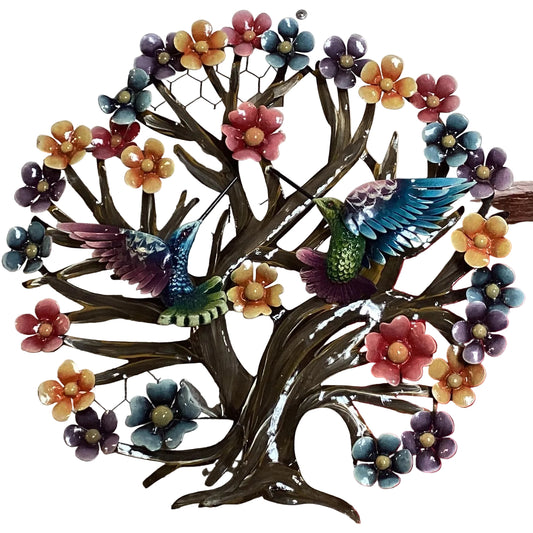 Metal wall art featuring a circle tree of life with two hummingbirds, 19x18 inches, decorative garden and home wall decor.