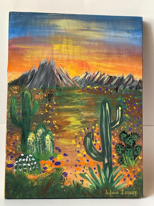 Acrylic Painting - 9x12 Desert Sunset with Painted Wood Frame