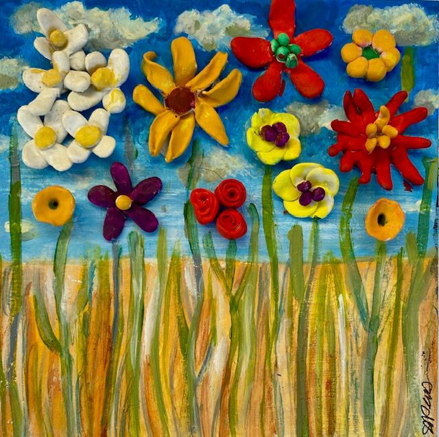 Acrylic Painting of a Wildflower Field with Bas-Relief 6x6