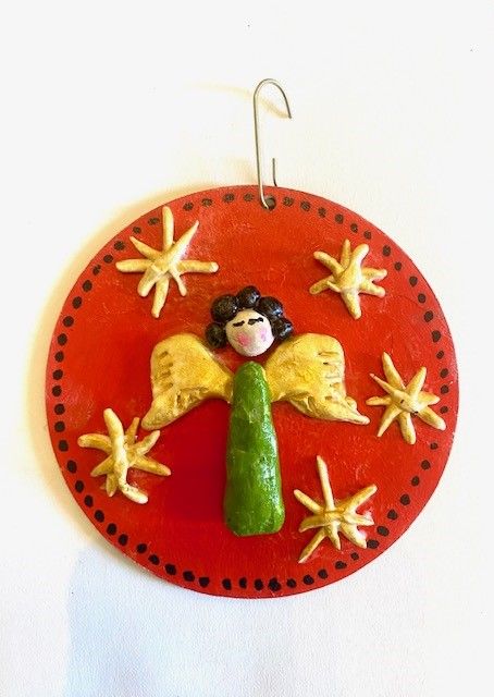 Angel with Stars Round Ornament – Unique Bas Relief Angel with Star Accents