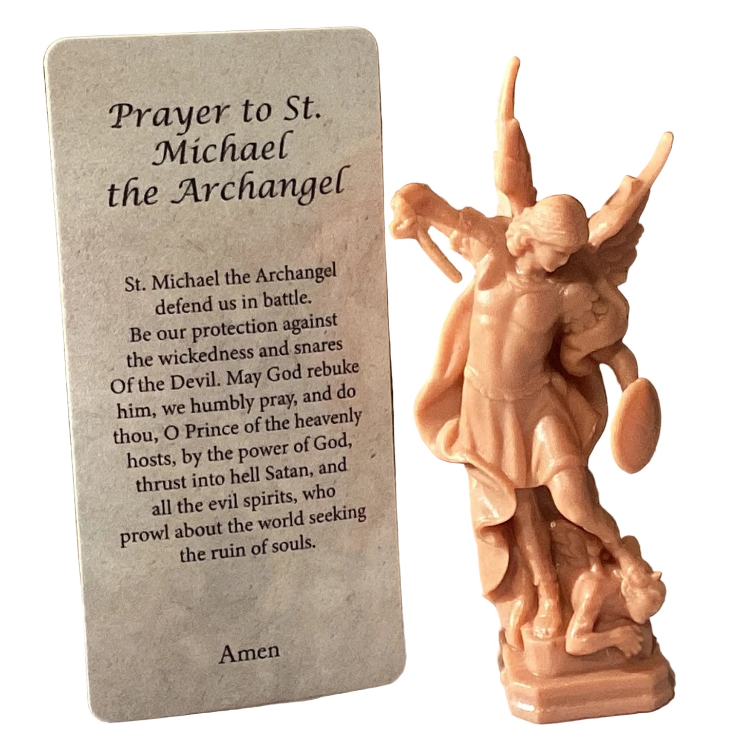 Catholic Archangel Michael 3-inch figurine with prayer card, detailed Christian statue with wings and sword, in a religious display.