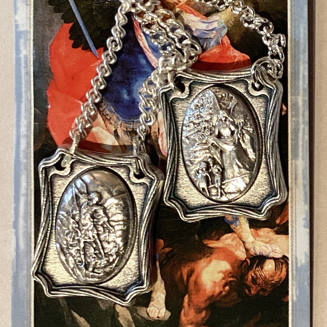 Silver Archangel Michael and Guardian Angel Catholic scapular with prayer card, made in Italy, 1 inch devotional religious gift.