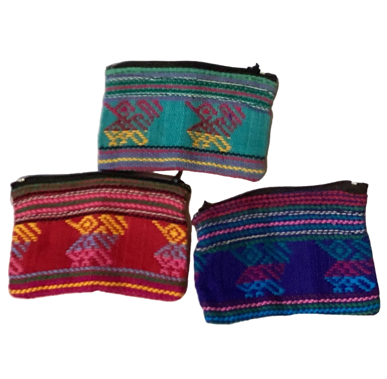 Colorful geometric woven zipper coin purses from Ysleta Mission Gift Shop, vibrant 4-inch accessories for coins and small items.