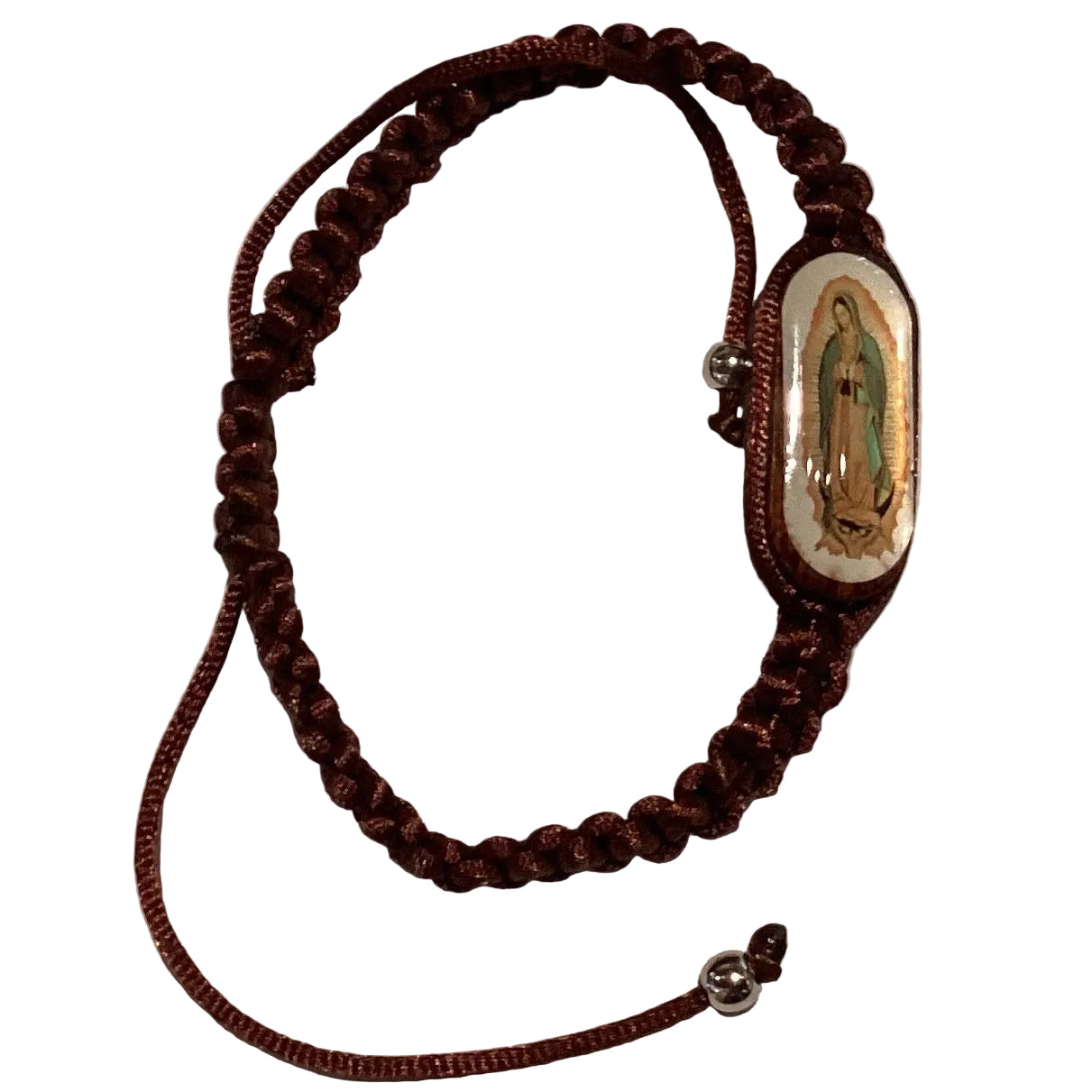 Adjustable Our Lady of Guadalupe faith bracelet with knotted thread in assorted cord colors, Catholic Christian jewelry.