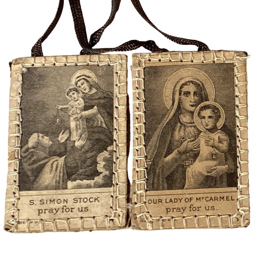 Antique Saint Simon Stock Mount Carmel wool scapular, Catholic Christian gift, featuring detailed religious imagery and traditional design.