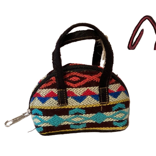 Colorful Ecuador fabric zippered coin bag with vibrant woven patterns, compact and stylish wallet accessory.