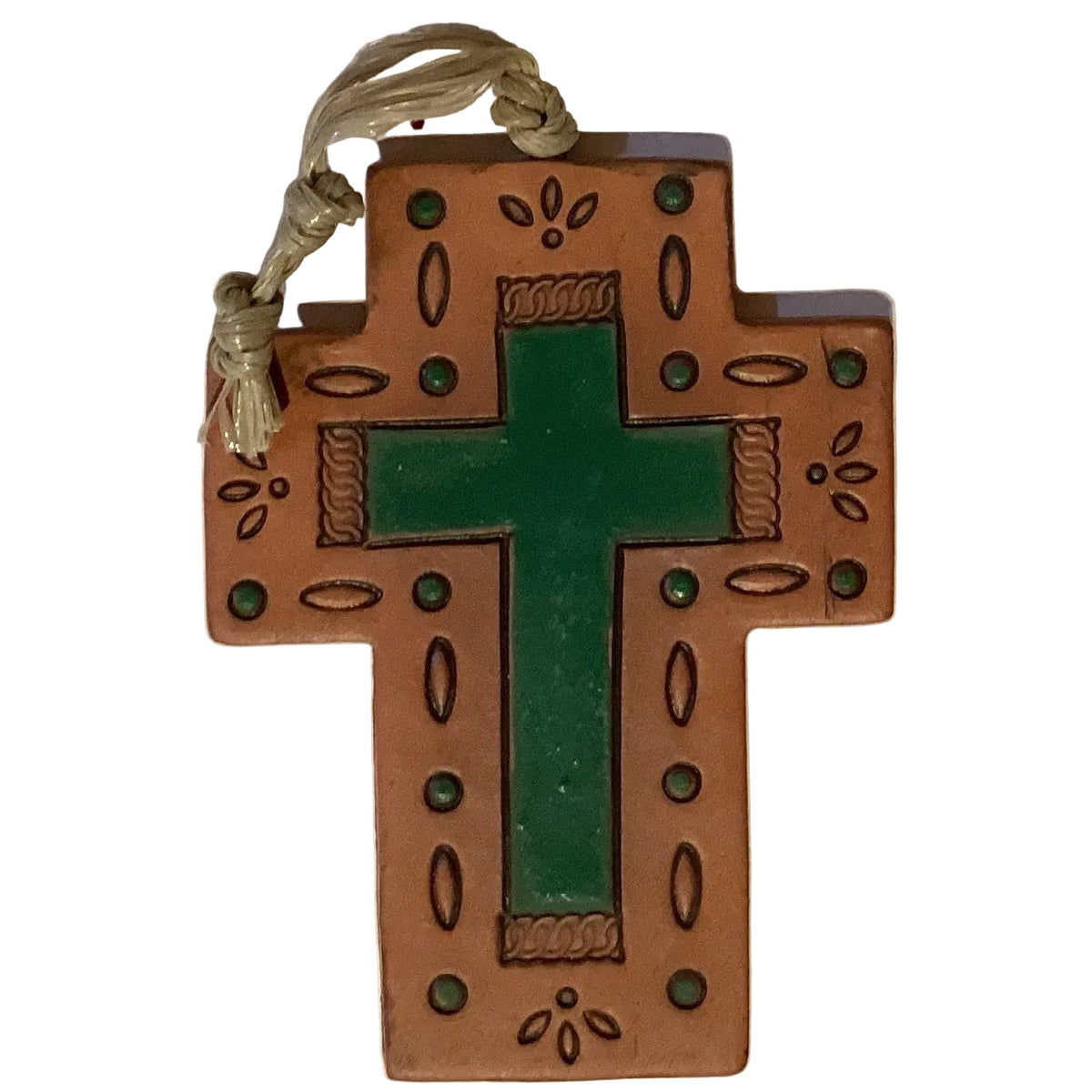 Handmade clay Christian cross ornament, 4-inch Catholic decor with intricate design, crafted by Ysleta Mission Gift Shop.