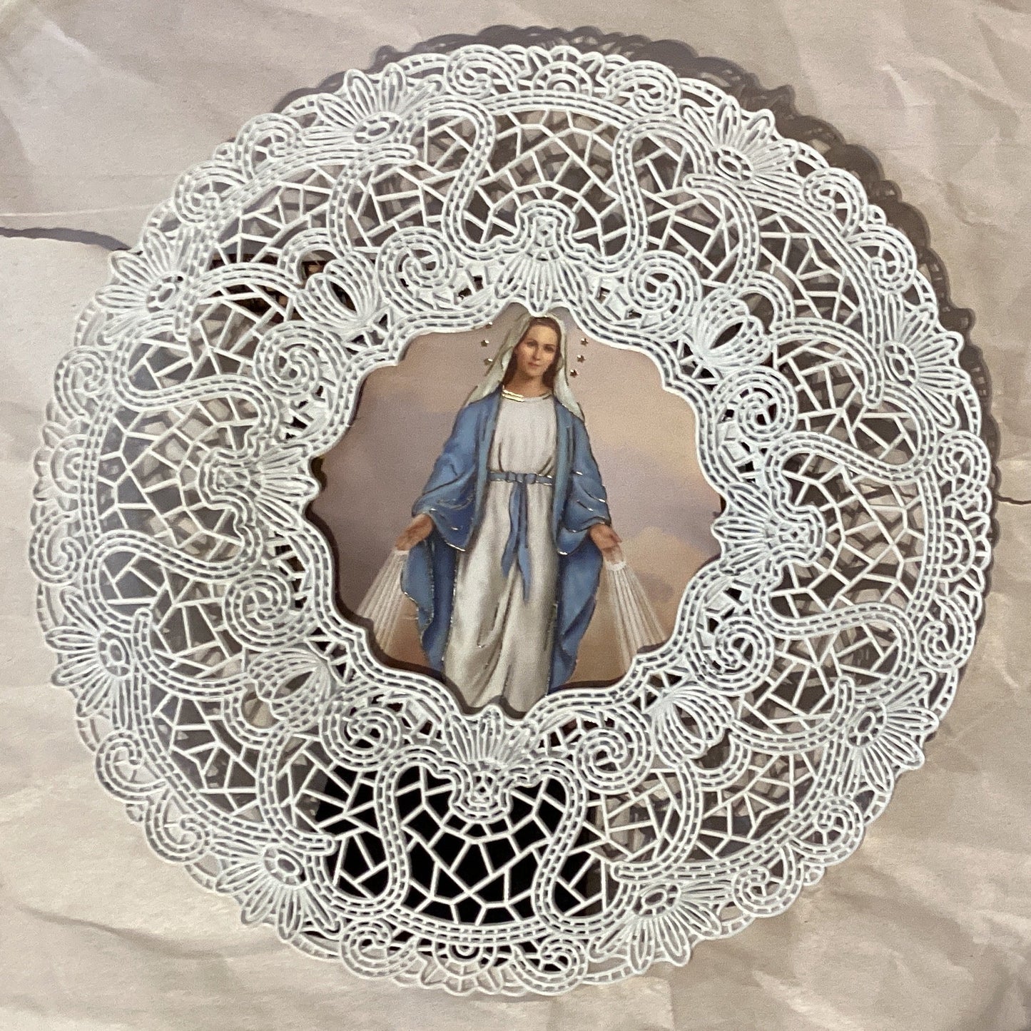 Immaculate Conception metal doily-style frame, 20-inch Catholic framed art devotional print, from Ysleta Mission Gift Shop.