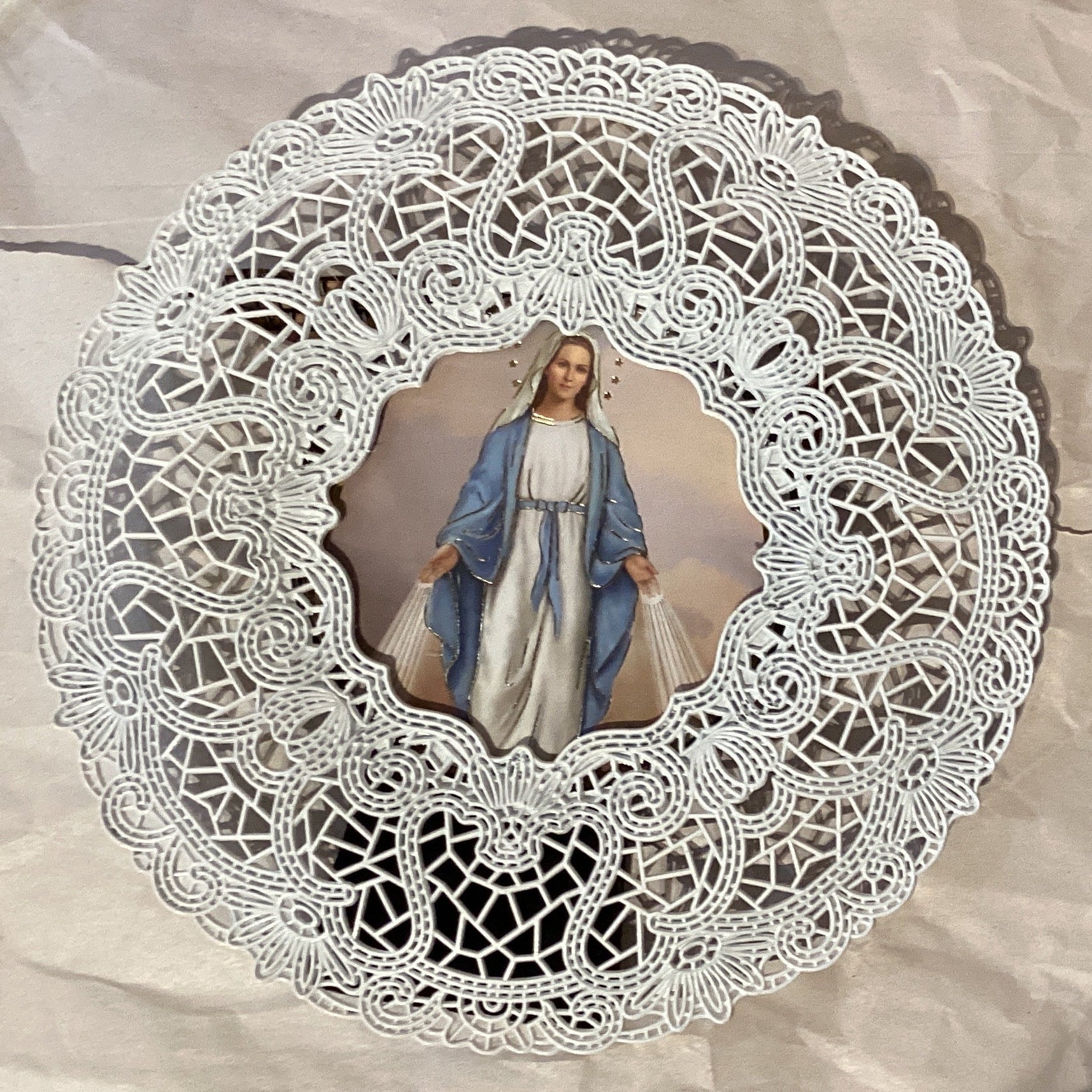 Immaculate Conception metal doily-style frame, 20-inch Catholic framed art devotional print, from Ysleta Mission Gift Shop.