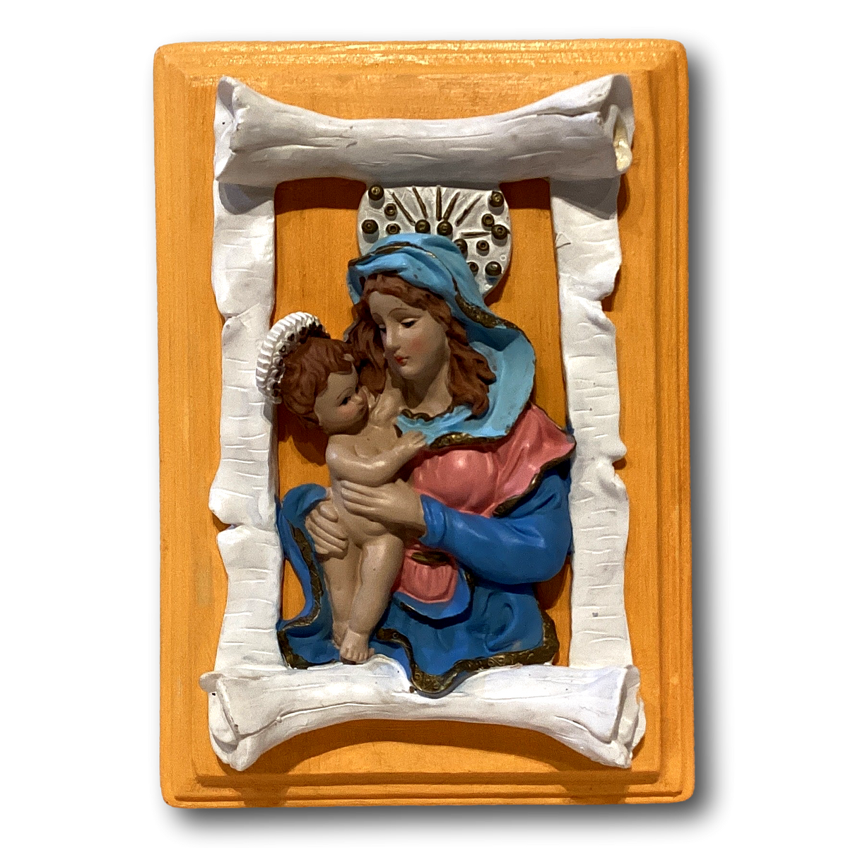 Catholic decorative plaque featuring Mary and Baby Jesus, Christian devotional wall art from Ysleta Mission Gift Shop.