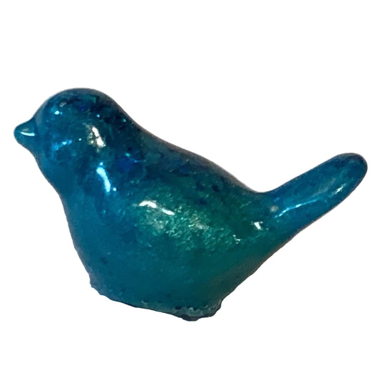 Mini blue resin bird figurine with glitter perched, perfect for crafts, art projects, and dioramas.