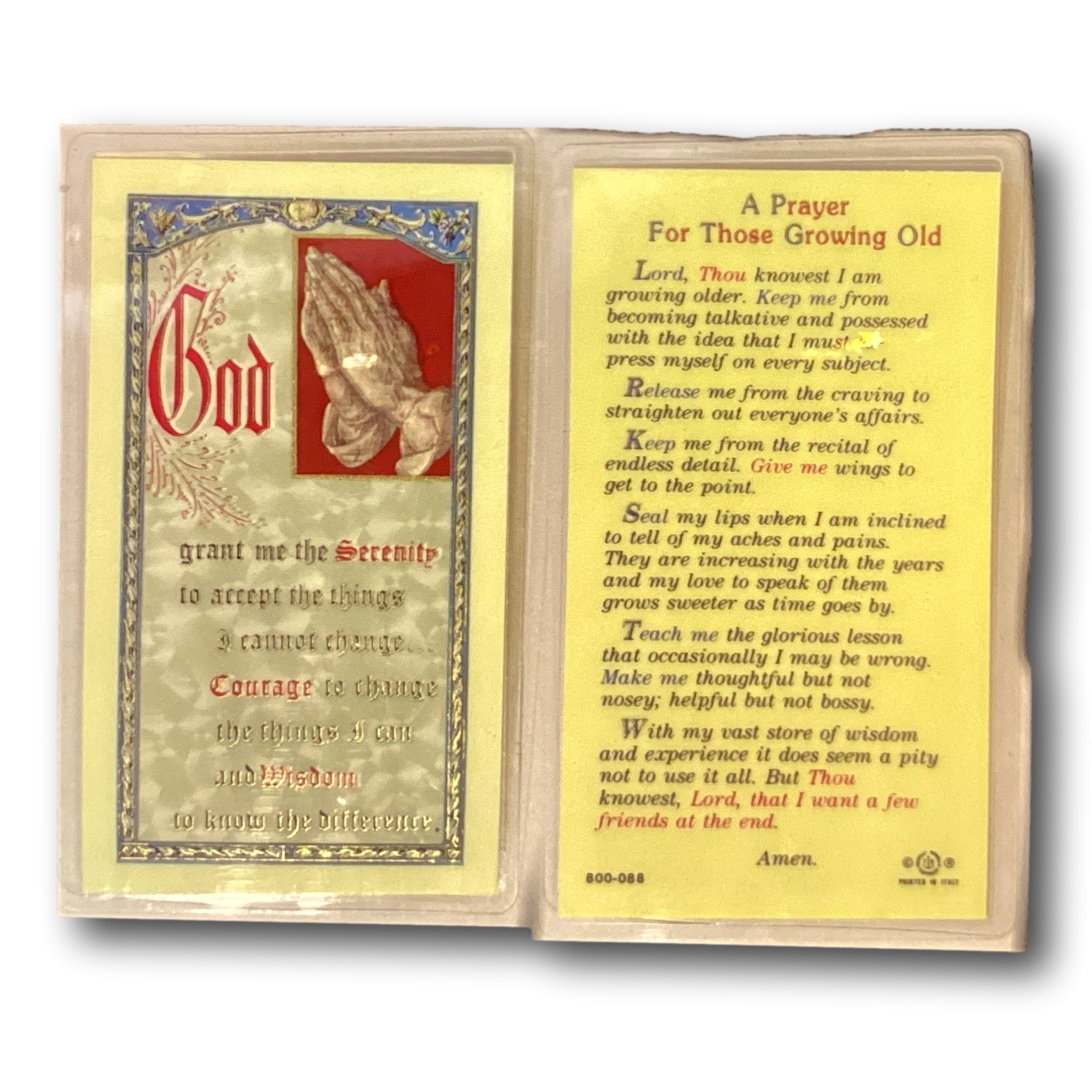Laminated Catholic prayer card titled "Prayer for Growing Old Gracefully" with religious blessing for elder years, featuring Christian symbols.