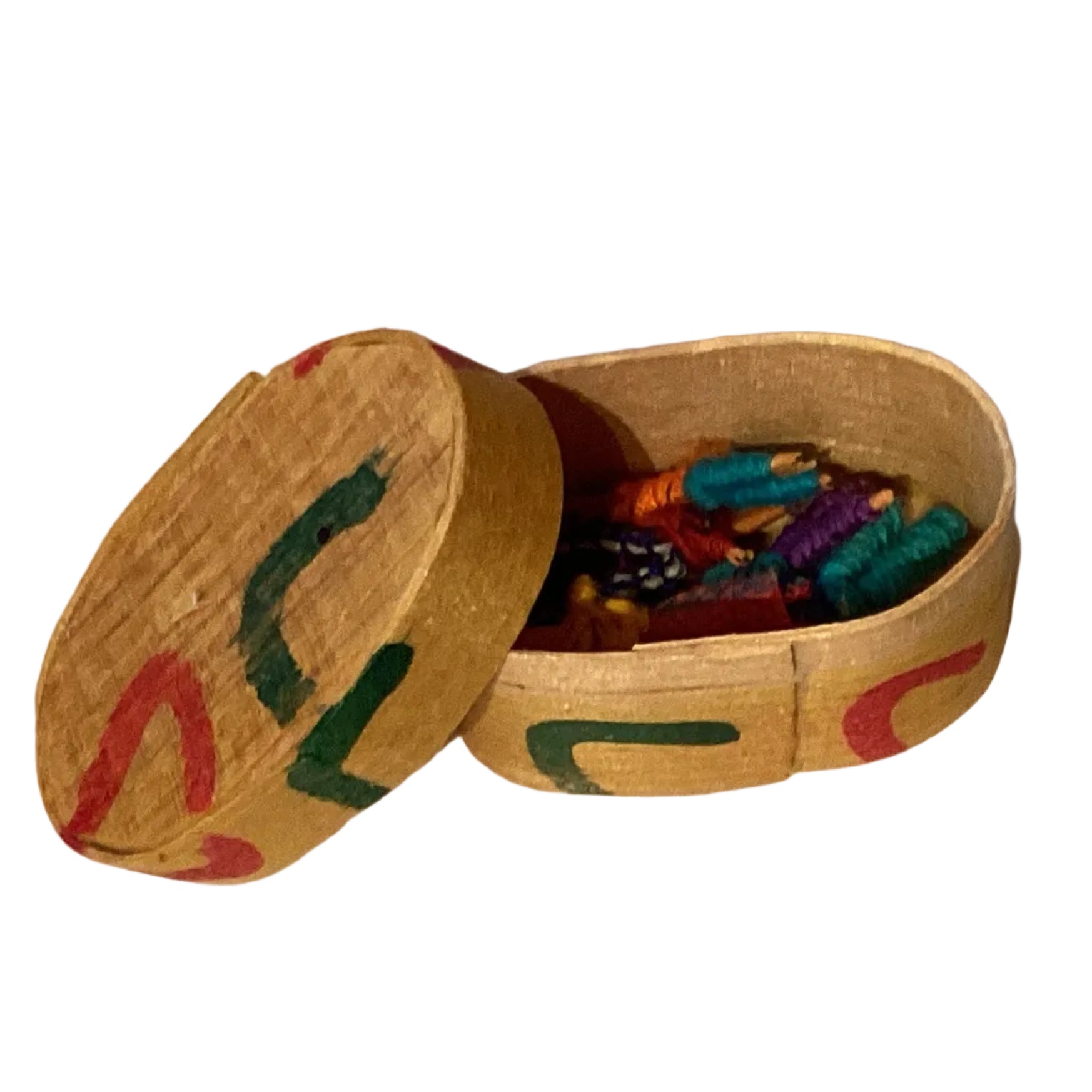 Colorful worry dolls with 1.75-inch box and .75-inch dolls, handcrafted figurines from Ysleta Mission Gift Shop.