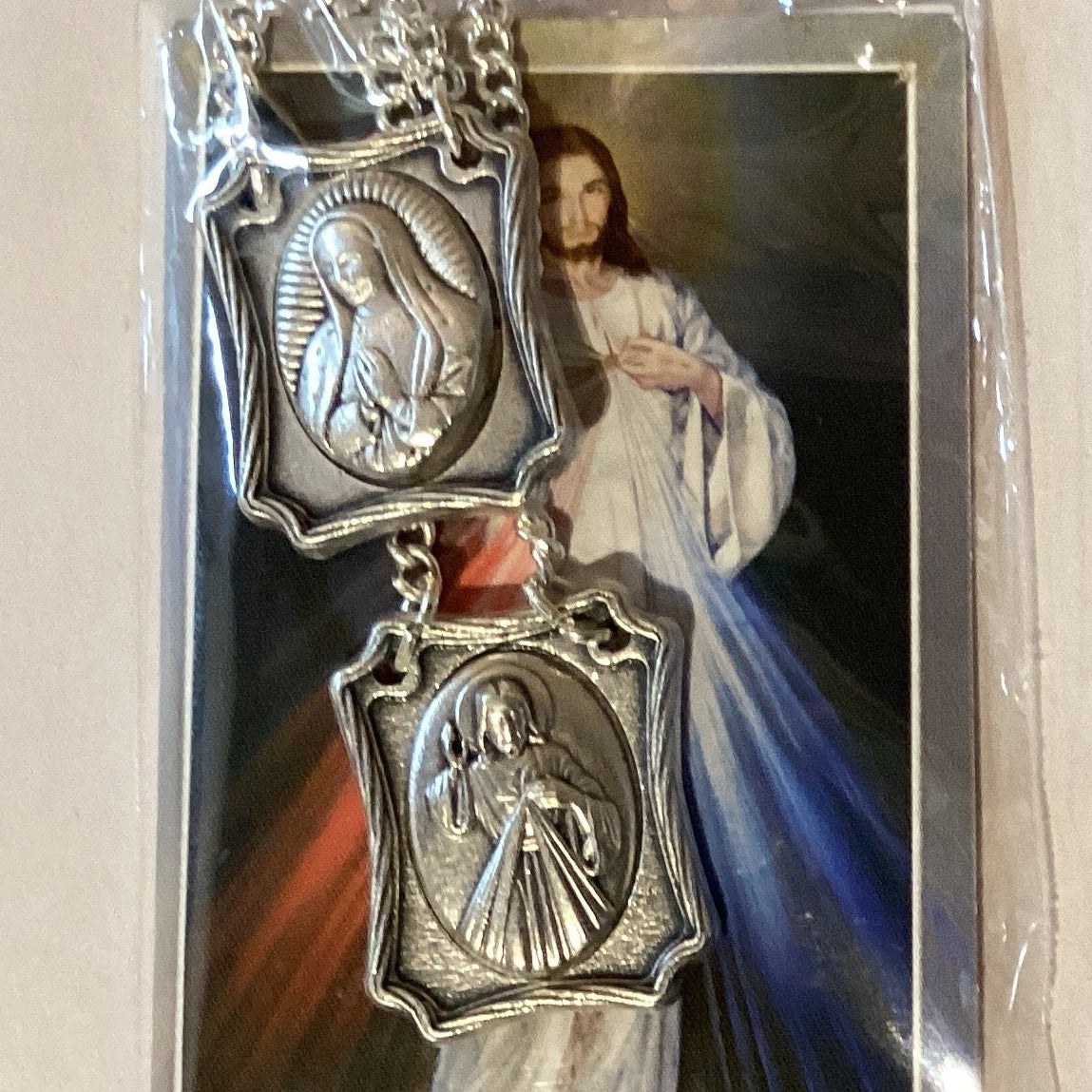 Silver metal Sacred Heart Virgin de Guadalupe scapular with prayer card, Catholic Christian gift, made in Italy, 1 inch size.