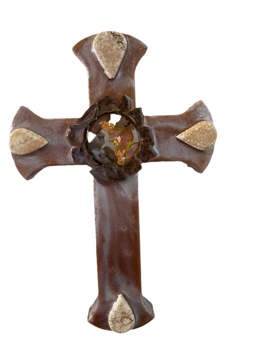 Brown Cream Resin Cross – Glass & Crystal with 4-Stone Centerpiece