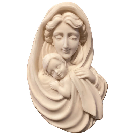 Ceramic wall decor featuring Mary and Baby Jesus, 8-inch Catholic Christian devotional plaque with detailed religious imagery.