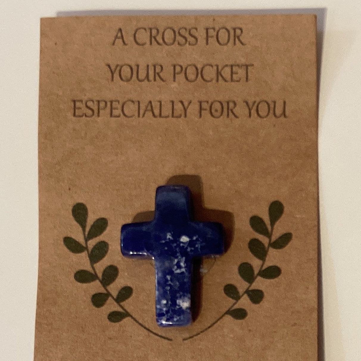 Semi-precious stone cross in pocket-sized Catholic Christian gift, featuring a 1-inch Ysleta Mission handcrafted cross.