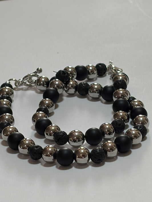 Silver Accent Stone Bracelet for couples, 10mm stainless steel jewelry with black lava and silver details, featuring lobster and toggle clasps.