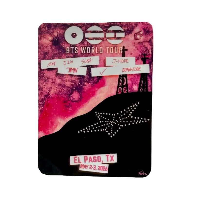 BTS Pink Galaxy El Paso Arirang Tour vinyl sticker featuring K-Pop ARMY logo on a 2x3 inch decal, ideal for souvenirs and gifts.