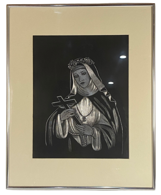 Original Art Saint Rita Rose Thorn of Crown Scratchboard Metal Art 17x 20 from Nohemi Chavez